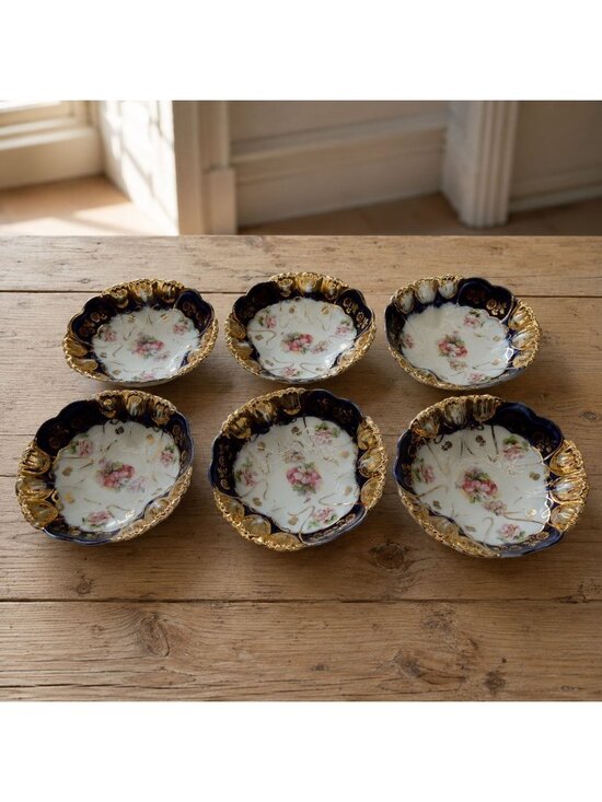 IPF Germany Other - Antique German IPF Cobalt & Gold Gilt Rose Dessert Bowls Set of 6